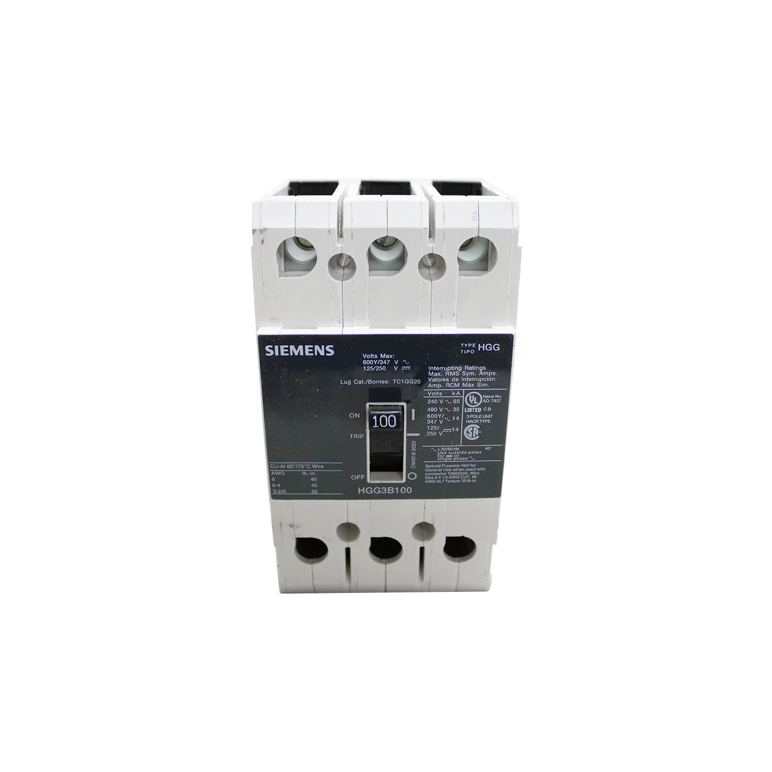 Imagen de INTERRUPTOR HGG 3X100A 65KA/240, 35KA/480, 14KA/600V PARA RIEL DIN