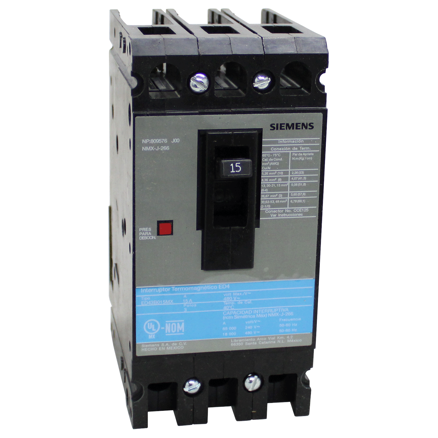 Imagen de INTERRUPTOR ED4 3X15A 65KA/240, 18KA/480V