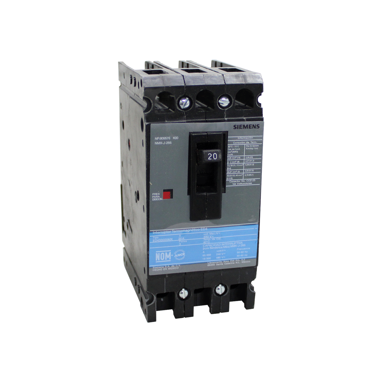 Imagen de INTERRUPTOR ED4 3X20A 65KA/240, 18KA/480V