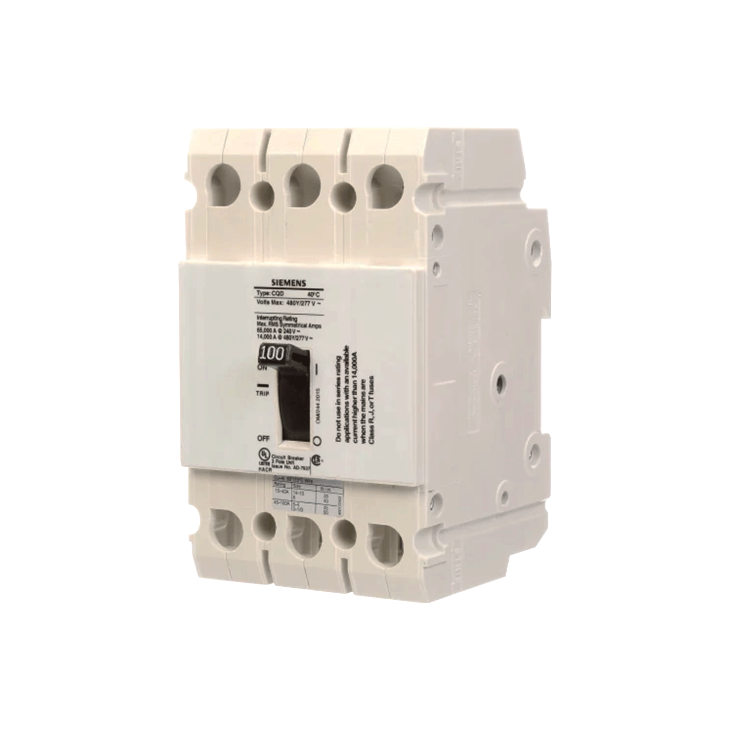 Imagen de INTERRUPTOR CQD 3X100A 65KA/240, 14KA/480, 10KA/600V PARA RIEL DIN