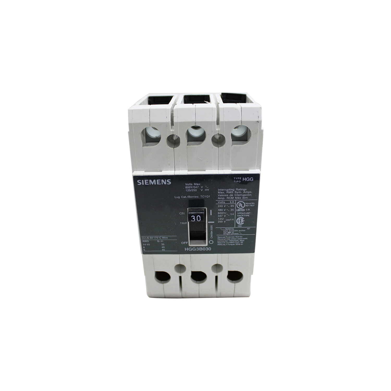Imagen de INTERRUPTOR HGG 3X30A 65KA/240, 35KA/480, 14KA/600V PARA RIEL DIN