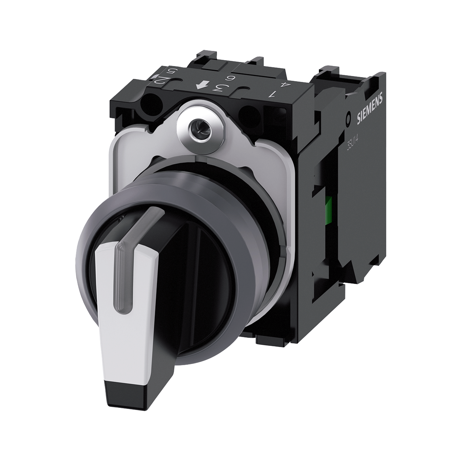 Imagen de SELECTOR ILUMINABLE 22MM REDONDO PLASTICO C/ANILLO FRONT METAL NEGRO BLANCO MANILLA CORTA 3 POSICION