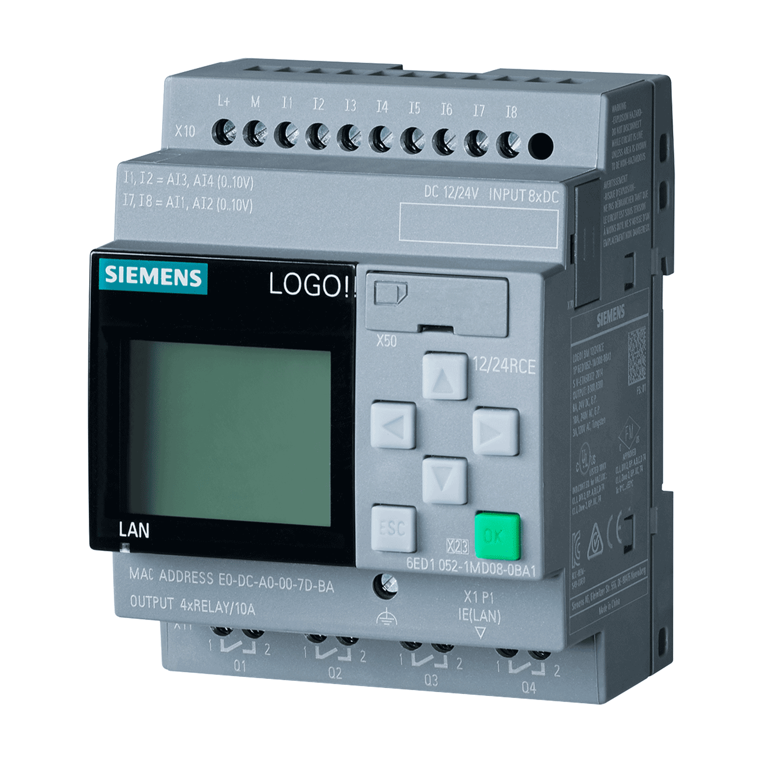 Imagen de LOGO! 8 12/24RCE, MOD. LOG.,DISPL. AL/E/S: 12/24V DC/RELE, 8ED(4EA)/4SD 6ED10521MD080BA1