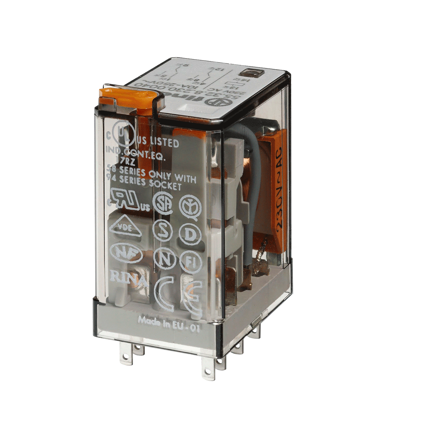 Imagen de RELEVADOR INDUSTRIAL 2CC (230VAC) 10 A CON PULSADOR DE PRUEBA 55.32.8.230.0040